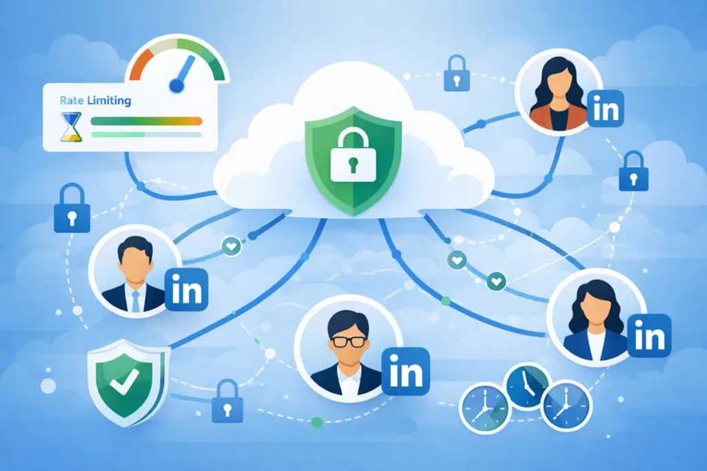 Cloud-based LinkedIn automation safety features in Sendpilot showing rate limiting and secure infrastructure