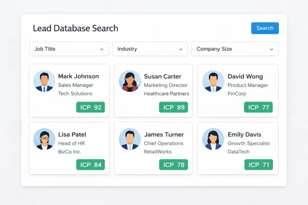 Sendpilot lead database interface showing ICP scoring and contact enrichment for LinkedIn prospecting automation