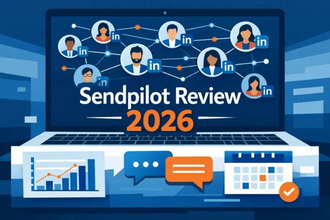 Sendpilot review 2026 - LinkedIn automation dashboard with multiple account management and outreach campaign graphics