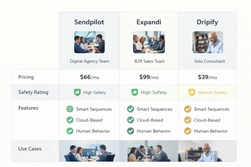 Sendpilot vs Expandi vs Dripify comparison